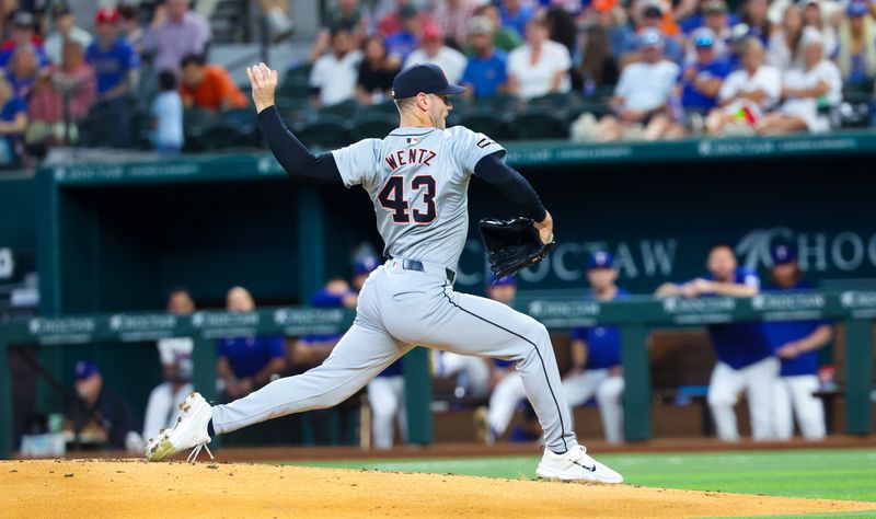 Jun 5, 2024; Arlington, Texas, USA;  Detroit Tigers pitcher Joey Wentz (43) throws during the first inning against the Texas Rangers at Globe Life Field. Mandatory Credit: Kevin Jairaj-USA TODAY Sports