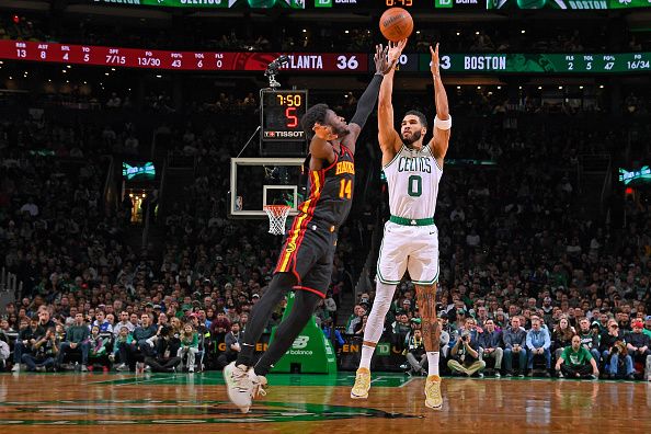 BOSTON, MA - November 26: Jayson Tatum #0 of the Boston Celtics shoots the ball during the game against the Atlanta Hawks on November 26, 2023 at the TD Garden in Boston, Massachusetts. NOTE TO USER: User expressly acknowledges and agrees that, by downloading and or using this photograph, User is consenting to the terms and conditions of the Getty Images License Agreement. Mandatory Copyright Notice: Copyright 2023 NBAE  (Photo by Brian Babineau/NBAE via Getty Images)