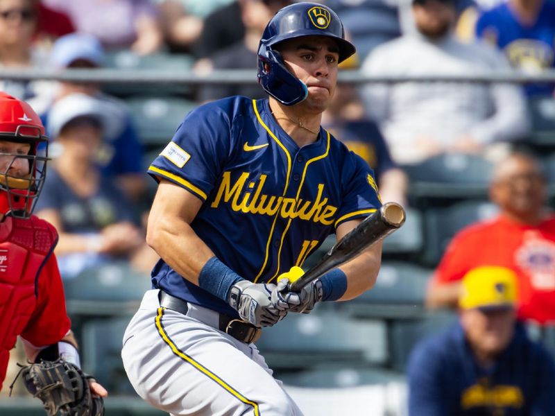 Feb 27, 2024; Tempe, Arizona, USA; Milwaukee Brewers outfielder Sal Frelick against the Los Angeles Angels during a spring training game at Tempe Diablo Stadium. Mandatory Credit: Mark J. Rebilas-USA TODAY Sports