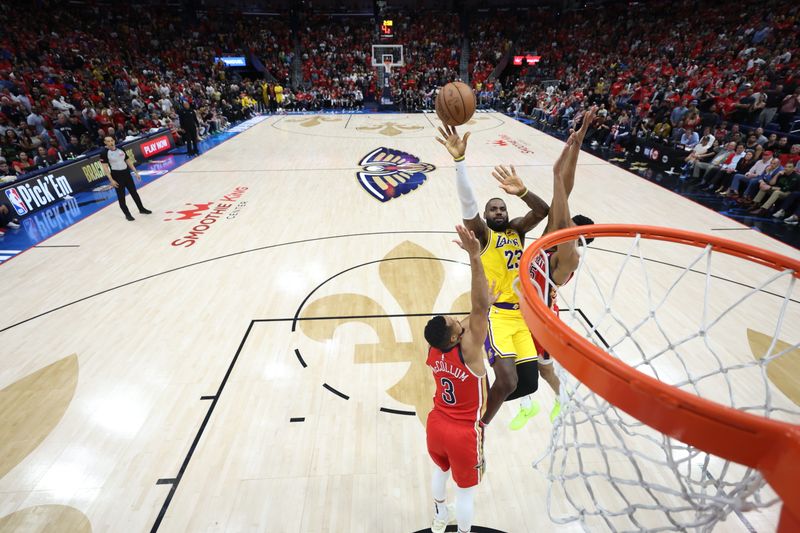 NEW ORLEANS, LA - APRIL 16: LeBron James #23 of the Los Angeles Lakers shoots the ball during the game against the New Orleans Pelicans during the 2024 Play-In Tournament on April 16, 2024 at the Smoothie King Center in New Orleans, Louisiana. NOTE TO USER: User expressly acknowledges and agrees that, by downloading and or using this Photograph, user is consenting to the terms and conditions of the Getty Images License Agreement. Mandatory Copyright Notice: Copyright 2024 NBAE (Photo by Jeff Haynes/NBAE via Getty Images)