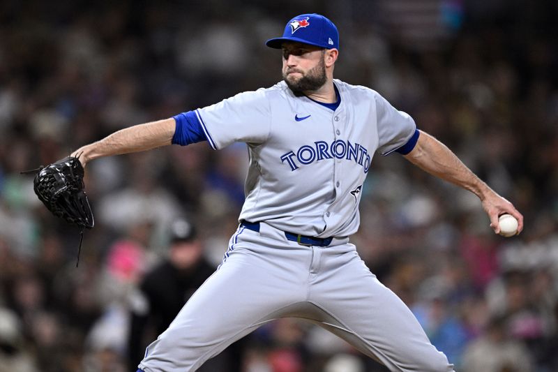 Apr 19, 2024; San Diego, California, USA; Toronto Blue Jays relief pitcher Tim Mayza (58) throws a pitch against the San Diego Padres during the seventh inning at Petco Park. Mandatory Credit: Orlando Ramirez-USA TODAY Sports 