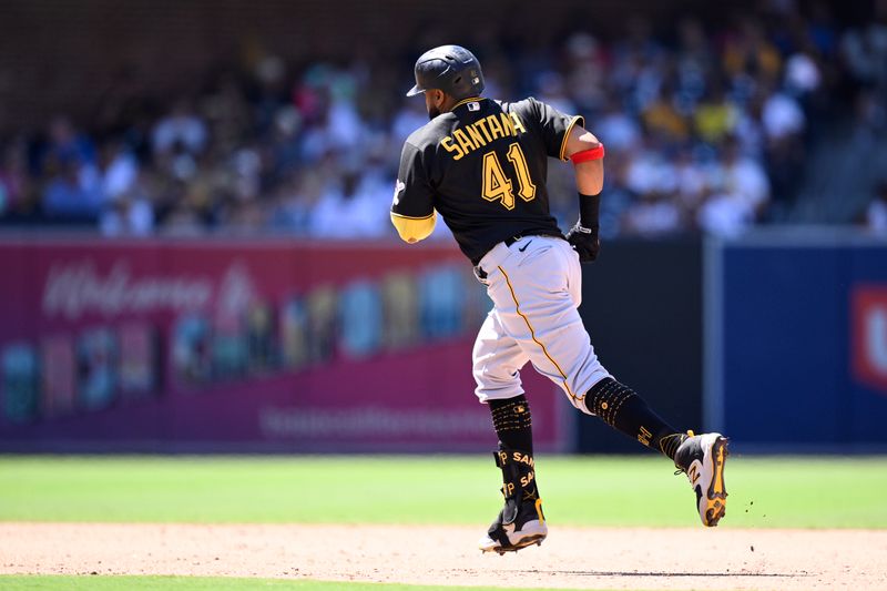 Jul 26, 2023; San Diego, California, USA; Pittsburgh Pirates designated hitter Carlos Santana (41) rounds the bases after hitting a home run against the San Diego Padres during the ninth inning at Petco Park. Mandatory Credit: Orlando Ramirez-USA TODAY Sports