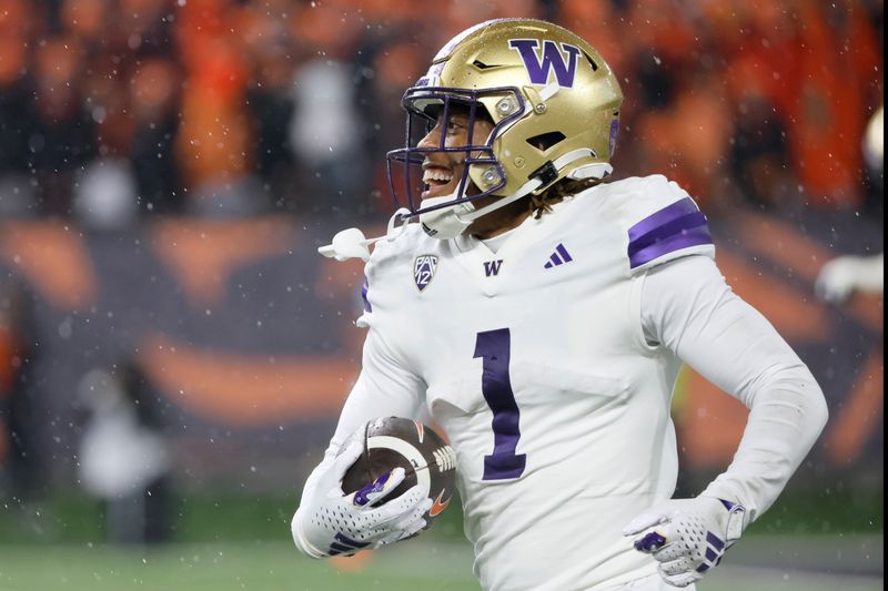 Nov 18, 2023; Corvallis, Oregon, USA; Washington Huskies  corner back Jabbar Muhammad (1) celebrates after a fumble recovery during the first half against the Oregon State Beavers at Reser Stadium. Mandatory Credit: Soobum Im-USA TODAY Sports