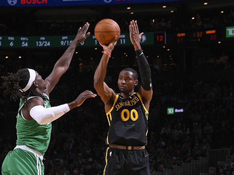 BOSTON, MA - MARCH 3: Jonathan Kuminga #00 of the Golden State Warriors three point basket during the game against the Boston Celtics on March 3, 2024 at the TD Garden in Boston, Massachusetts. NOTE TO USER: User expressly acknowledges and agrees that, by downloading and or using this photograph, User is consenting to the terms and conditions of the Getty Images License Agreement. Mandatory Copyright Notice: Copyright 2024 NBAE  (Photo by Brian Babineau/NBAE via Getty Images)