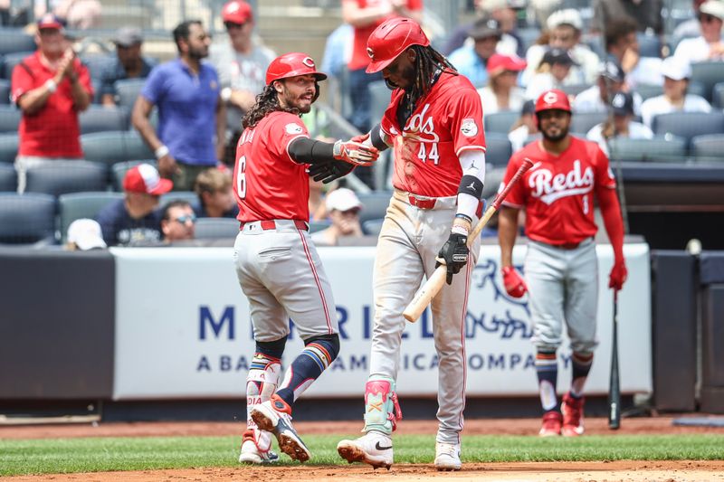 Jul 4, 2024; Bronx, New York, USA; Cincinnati Reds second baseman Jonathan India (6) celebrates with shortstop Elly De La Cruz (44) after hitting a solo home run in the third inning against the New York Yankees at Yankee Stadium. Mandatory Credit: Wendell Cruz-USA TODAY Sports