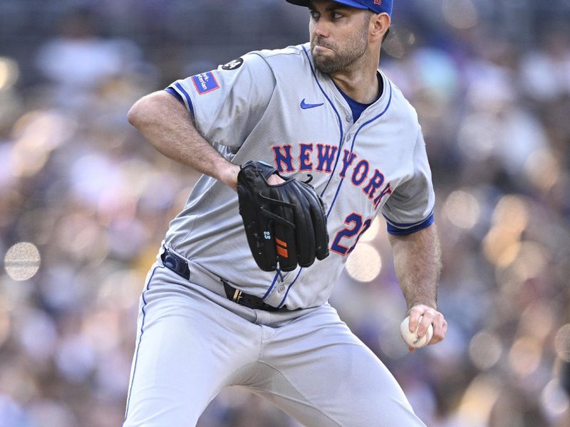 Aug 24, 2024; San Diego, California, USA; New York Mets starting pitcher David Peterson (23) pitches against the San Diego Padres during the first inning at Petco Park. Mandatory Credit: Orlando Ramirez-USA TODAY Sports