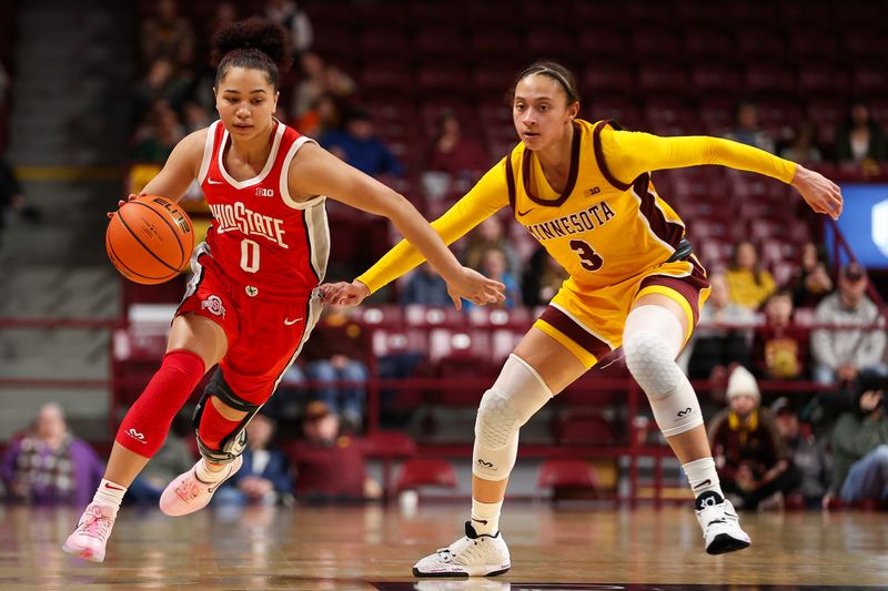 Feb 8, 2024; Minneapolis, Minnesota, USA; Ohio State Buckeyes guard Madison Greene (0) works around Minnesota Golden Gophers guard Amaya Battle (3) during the second half at Williams Arena. Mandatory Credit: Matt Krohn-USA TODAY Sports