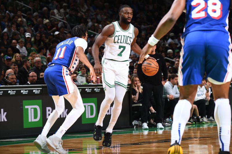 BOSTON, MA - OCTOBER 12: Jaylen Brown #7 of the Boston Celtics handles the ball during the game against the Philadelphia 76ers during a NBA Preseason game on October 12, 2024 at TD Garden in Boston, Massachusetts. NOTE TO USER: User expressly acknowledges and agrees that, by downloading and/or using this Photograph, user is consenting to the terms and conditions of the Getty Images License Agreement. Mandatory Copyright Notice: Copyright 2024 NBAE (Photo by Brian Babineau/NBAE via Getty Images)