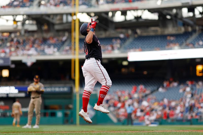 Jul 24, 2024; Washington, District of Columbia, USA; Washington Nationals first baseman Juan Yepez (18) celebrates while rounding the bases after hitting a two run home run /S? during the first inning at Nationals Park. Mandatory Credit: Geoff Burke-USA TODAY Sports