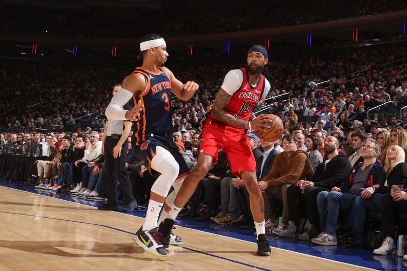 NEW YORK, NY - FEBRUARY 27:  Josh Hart #3 of the New York Knicks plays defense during the game  against Zion Williamson #1 of the New Orleans Pelicans on February 27, 2024 at Madison Square Garden in New York City, New York.  NOTE TO USER: User expressly acknowledges and agrees that, by downloading and or using this photograph, User is consenting to the terms and conditions of the Getty Images License Agreement. Mandatory Copyright Notice: Copyright 2024 NBAE  (Photo by Nathaniel S. Butler/NBAE via Getty Images)