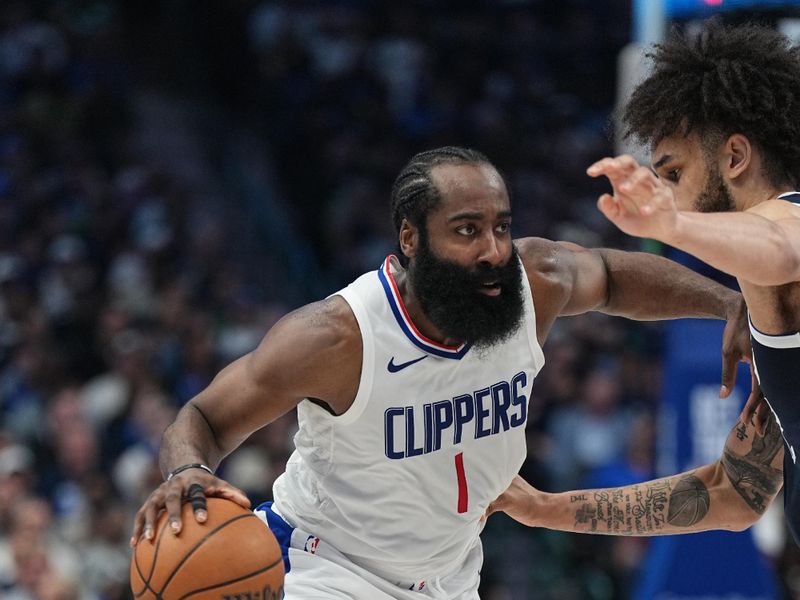 DALLAS, TX - APRIL 26: James Harden #1 of the LA Clippers dribbles the ball during the game against the Dallas Mavericks during Round 1 Game 3 of the 2024 NBA Playoffs on April 26, 2024 at the American Airlines Center in Dallas, Texas. NOTE TO USER: User expressly acknowledges and agrees that, by downloading and or using this photograph, User is consenting to the terms and conditions of the Getty Images License Agreement. Mandatory Copyright Notice: Copyright 2023 NBAE (Photo by Glenn James/NBAE via Getty Images)