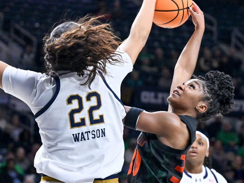 Jan 14, 2024; South Bend, Indiana, USA; Notre Dame Fighting Irish forward Kylee Watson (22) blocks the shot attempt by Miami Hurricanes guard Shayeann Day-Wilson (30) in the second half at the Purcell Pavilion. Mandatory Credit: Matt Cashore-USA TODAY Sports