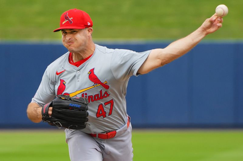 Mar 2, 2024; West Palm Beach, Florida, USA; St. Louis Cardinals relief pitcher John King (47) warms-up in the fifth inning against the Houston Astros at The Ballpark of the Palm Beaches. Mandatory Credit: Jim Rassol-USA TODAY Sports