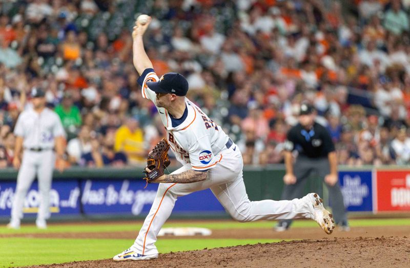 Jul 5, 2023; Houston, Texas, USA; Houston Astros relief pitcher Ryan Pressly (55) throws against the Colorado Rockies in the ninth inning at Minute Maid Park. Mandatory Credit: Thomas Shea-USA TODAY Sports