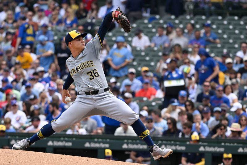 May 4, 2024; Chicago, Illinois, USA;  Milwaukee Brewers pitcher Tobias Myers (36) delivers against the Chicago Cubs during the first inning at Wrigley Field. Mandatory Credit: Matt Marton-USA TODAY Sports