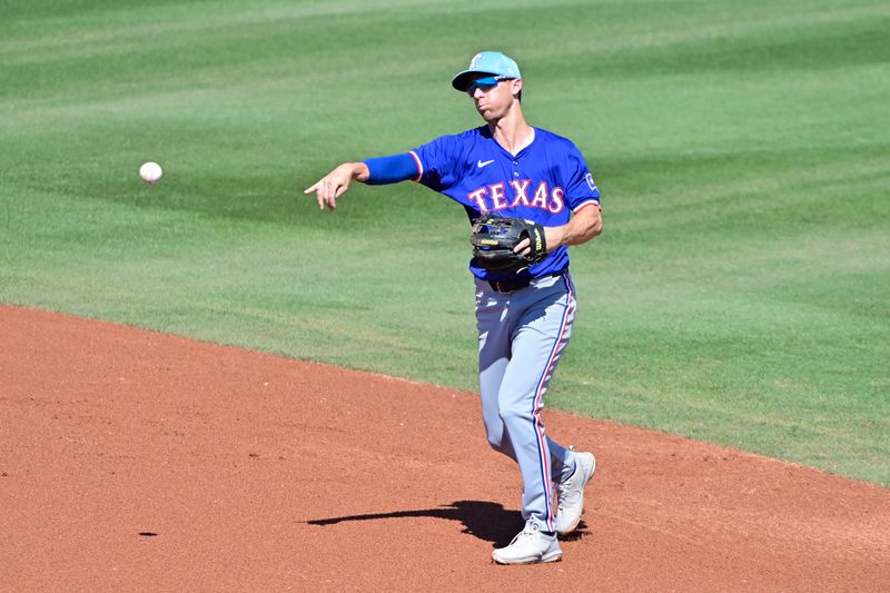 Mar 11, 2024; Tempe, Arizona, USA;  Texas Rangers second baseman Matt Duffy (9) throws to first base in the second inning against the Los Angeles Angels during a spring training game at Tempe Diablo Stadium. Mandatory Credit: Matt Kartozian-USA TODAY Sports