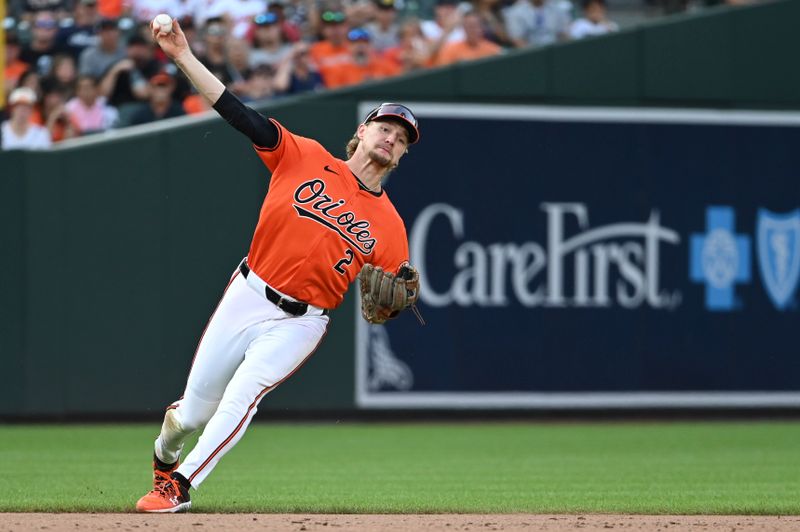 Aug 24, 2024; Baltimore, Maryland, USA;  Baltimore Orioles shortstop Gunnar Henderson (2) falls while throwing to second base during the eighth inning against the Houston Astros at Oriole Park at Camden Yards. Mandatory Credit: Tommy Gilligan-USA TODAY Sports