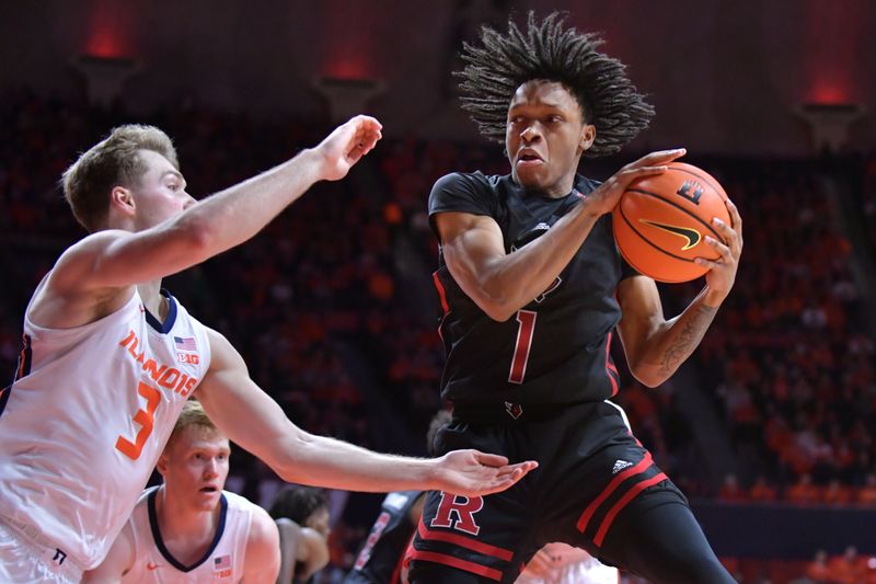 Jan 21, 2024; Champaign, Illinois, USA; Rutgers Scarlet Knights guard Jamichael Davis (1) grabs a rebound in front of Illinois Fighting Illini guard Marcus Domask (3) during the first half at State Farm Center. Mandatory Credit: Ron Johnson-USA TODAY Sports