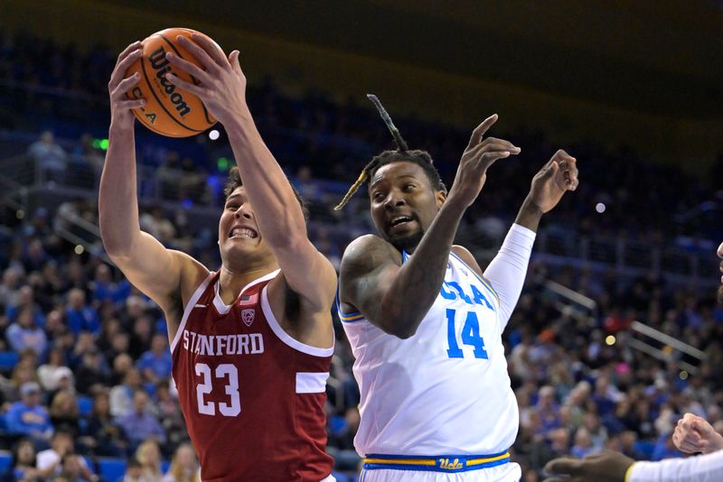 Feb 16, 2023; Los Angeles, California, USA; Stanford Cardinal forward Brandon Angel (23) reaches in front of UCLA Bruins forward Kenneth Nwuba (14) for a rebound in the first half at Pauley Pavilion presented by Wescom. Mandatory Credit: Jayne Kamin-Oncea-USA TODAY Sports