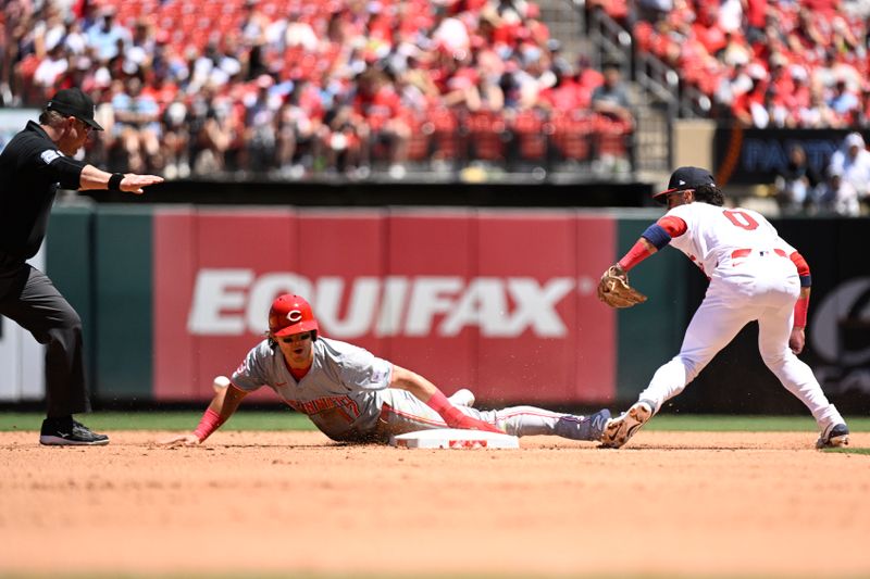 Jun 30, 2024; St. Louis, Missouri, USA; Cincinnati Reds outfielder Stuart Fairchild (17) is safe after stealing second against the St. Louis Cardinals during the fifth inning  at Busch Stadium. Mandatory Credit: Jeff Le-USA TODAY Sports