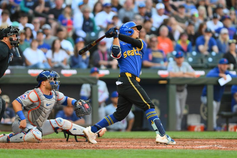 Aug 11, 2024; Seattle, Washington, USA; Seattle Mariners shortstop Leo Rivas (76) hits an RBI single against the New York Mets during the sixth inning at T-Mobile Park. Mandatory Credit: Steven Bisig-USA TODAY Sports