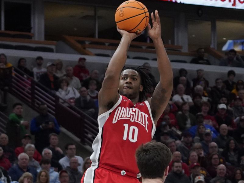 Mar 8, 2023; Chicago, IL, USA; Ohio State Buckeyes forward Brice Sensabaugh (10) shoots over Wisconsin Badgers forward Carter Gilmore (14) during the second half at United Center. Mandatory Credit: David Banks-USA TODAY Sports