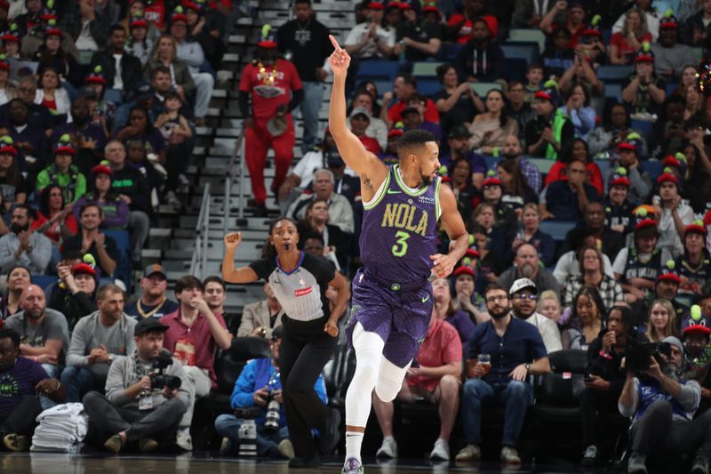 NEW ORLEANS, LA - NOVEMBER 27:  CJ McCollum #3 of the New Orleans Pelicans celebrates during the game against the Toronto Raptors during a regular season game on November 27, 2024 at the Smoothie King Center in New Orleans, Louisiana. NOTE TO USER: User expressly acknowledges and agrees that, by downloading and or using this Photograph, user is consenting to the terms and conditions of the Getty Images License Agreement. Mandatory Copyright Notice: Copyright 2024 NBAE (Photo by Layne Murdoch Jr./NBAE via Getty Images)