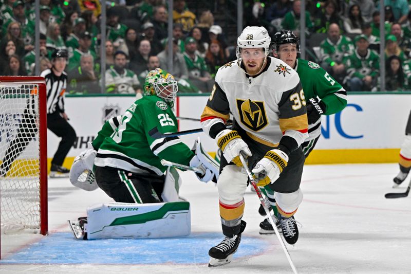 Apr 22, 2024; Dallas, Texas, USA; Vegas Golden Knights right wing Anthony Mantha (39) looks for the puck in front of Dallas Stars goaltender Jake Oettinger (29) during the third period in game one of the first round of the 2024 Stanley Cup Playoffs at the American Airlines Center. Mandatory Credit: Jerome Miron-USA TODAY Sports