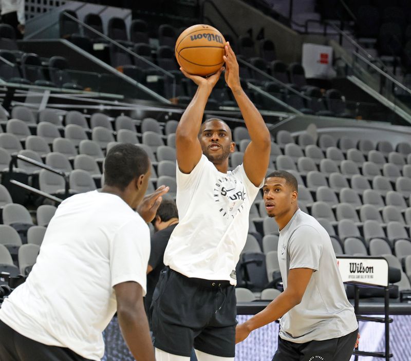 SAN ANTONIO, TX - OCTOBER 09:  Chris Paul #3 of the San Antonio Spurs goes through pre-game drills before their game against the Orlando Magic in a pre-season match at Frost Bank Center on October 9, 2024 in San Antonio, Texas. NOTE TO USER, User expressly acknowledges and agrees that, by downloading and or using this photograph, User is consenting to terms and conditions of the Getty Images License Agreement. (Photo by Ronald Cortes/Getty Images)