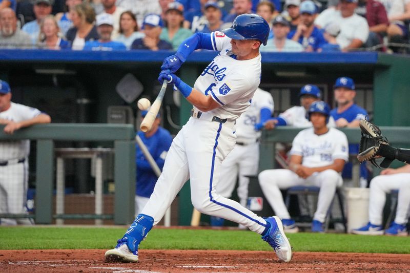 Jul 24, 2024; Kansas City, Missouri, USA; Kansas City Royals right fielder Drew Waters (6) hits a RBI double against the Arizona Diamondbacks in the second inning at Kauffman Stadium. Mandatory Credit: Denny Medley-USA TODAY Sports