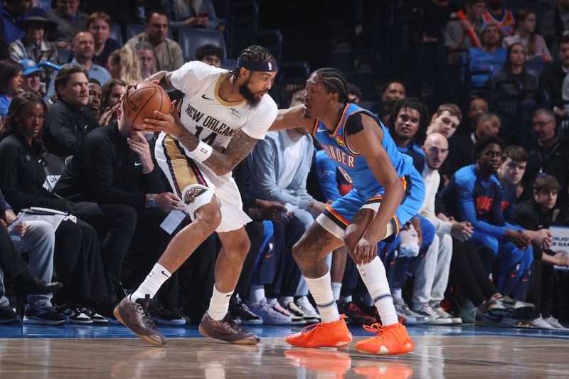 OKLAHOMA CITY, OK - NOVEMBER 13: Brandon Ingram #14 of the New Orleans Pelicans handles the ball during the game against the Oklahoma City Thunder on November 13, 2024 at Paycom Center in Oklahoma City, Oklahoma. NOTE TO USER: User expressly acknowledges and agrees that, by downloading and or using this photograph, User is consenting to the terms and conditions of the Getty Images License Agreement. Mandatory Copyright Notice: Copyright 2024 NBAE (Photo by Nathaniel S. Butler/NBAE via Getty Images)