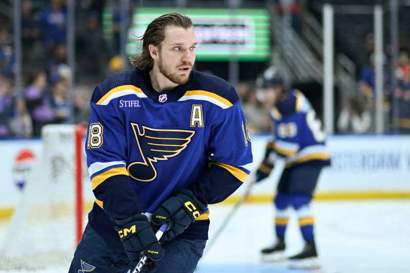 Mar 17, 2024; St. Louis, Missouri, USA; St. Louis Blues center Robert Thomas (18) looks on during warmups before a game against the Anaheim Ducks at Enterprise Center. Mandatory Credit: Jeff Le-USA TODAY Sports