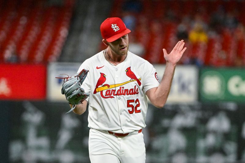 Sep 17, 2024; St. Louis, Missouri, USA;  St. Louis Cardinals relief pitcher Matthew Liberatore (52) reacts after the final out of the eighth inning against the Pittsburgh Pirates at Busch Stadium. Mandatory Credit: Jeff Curry-Imagn Images