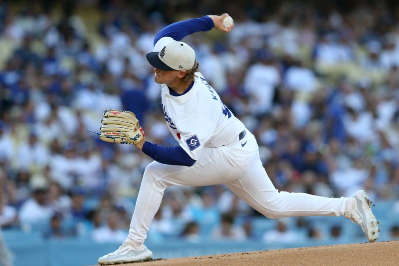 Jul 4, 2024; Los Angeles, California, USA; Los Angeles Dodgers pitcher Landon Knack (96) throws during the first inning against the Arizona Diamondbacks at Dodger Stadium. Mandatory Credit: Jason Parkhurst-USA TODAY Sports