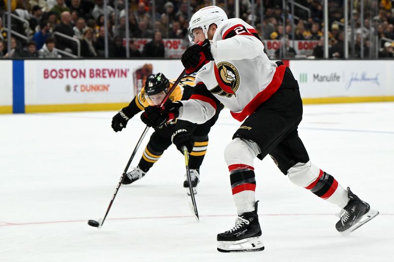 Nov 9, 2024; Boston, Massachusetts, USA; Ottawa Senators right wing Claude Giroux (28) takes a shot against the Boston Bruins during the second period at TD Garden. Mandatory Credit: Brian Fluharty-Imagn Images