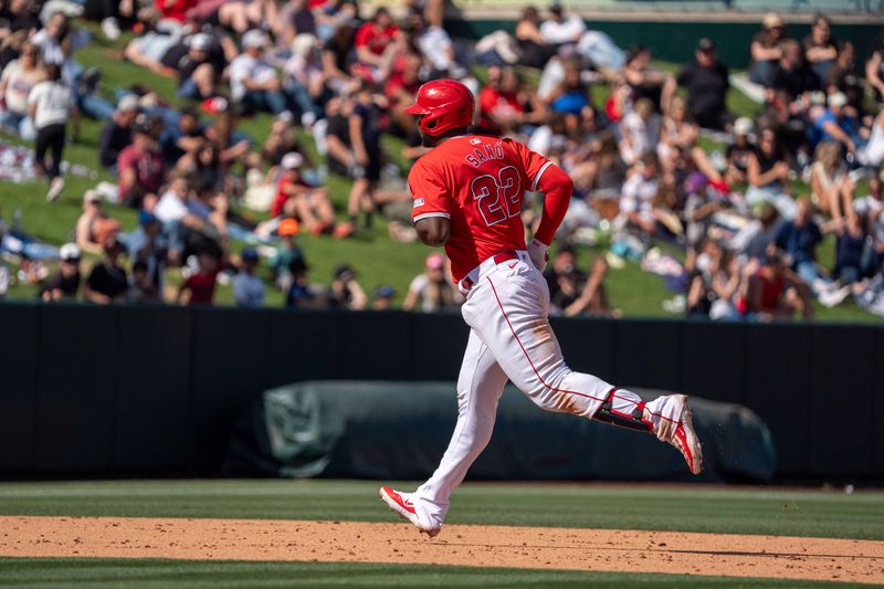 Mar 8, 2024; Tempe, Arizona, USA; Los Angeles Angels designated hitter Miguel Sano (22) hits a home run in the fifth during a spring training game against the Colorado Rockies at Tempe Diablo Stadium. Mandatory Credit: Allan Henry-USA TODAY Sports