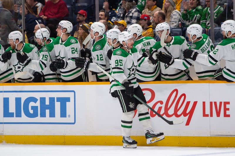 Feb 15, 2024; Nashville, Tennessee, USA; Dallas Stars center Matt Duchene (95) celebrates his goal with his teammates against the Nashville Predators during the first period at Bridgestone Arena. Mandatory Credit: Steve Roberts-USA TODAY Sports