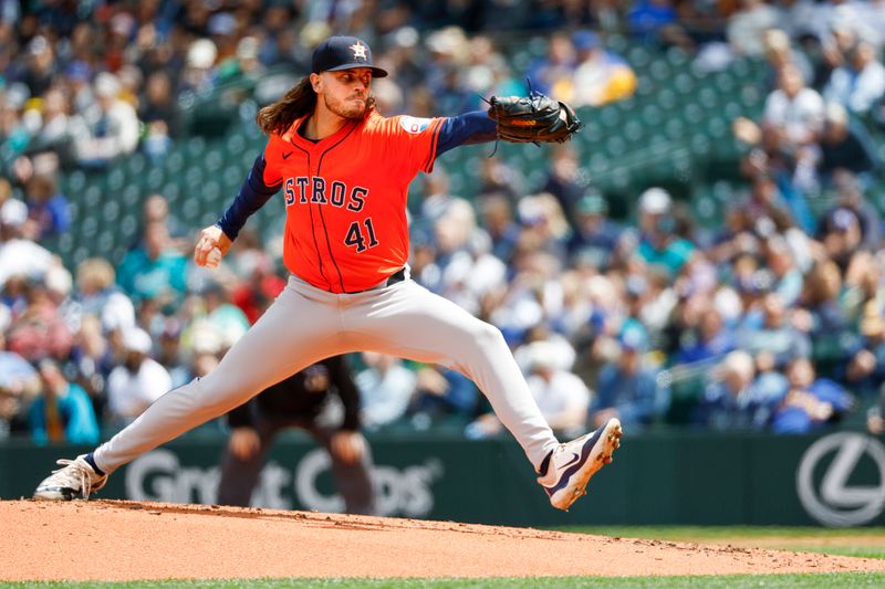 May 30, 2024; Seattle, Washington, USA; Houston Astros starting pitcher Spencer Arrighetti (41) throws against the Seattle Mariners during the second inning at T-Mobile Park. Mandatory Credit: Joe Nicholson-USA TODAY Sports