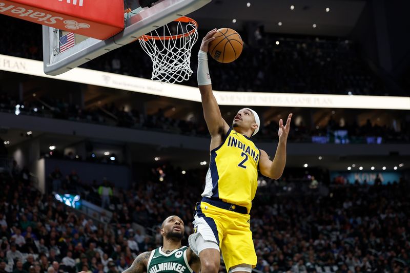 MILWAUKEE, WISCONSIN - APRIL 25: Andrew Nembhard #2 of the Indiana Pacers scores in the first half of game three of the first round of the 2025 NBA playoffs against the Milwaukee Bucks at Fiserv Forum on April 25, 2025 in Milwaukee, Wisconsin. NOTE TO USER: User expressly acknowledges and agrees that, by downloading and or using this photograph, User is consenting to the terms and conditions of the Getty Images License Agreement. (Photo by John Fisher/Getty Images)