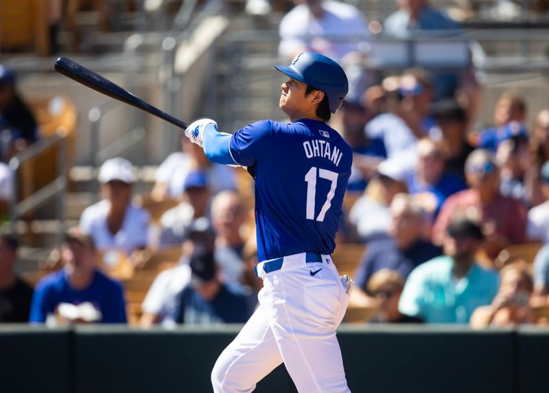 Mar 13, 2024; Phoenix, Arizona, USA; Los Angeles Dodgers designated hitter Shohei Ohtani against the Seattle Mariners during a spring training game at Camelback Ranch-Glendale. Mandatory Credit: Mark J. Rebilas-USA TODAY Sports