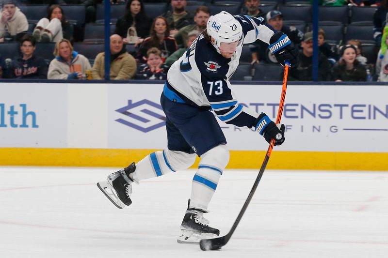 Mar 17, 2024; Columbus, Ohio, USA; Winnipeg Jets right wing Tyler Toffoli scores a goal on a wrist a shot during the third period against the Columbus Blue Jackets] at Nationwide Arena. Mandatory Credit: Russell LaBounty-USA TODAY Sports