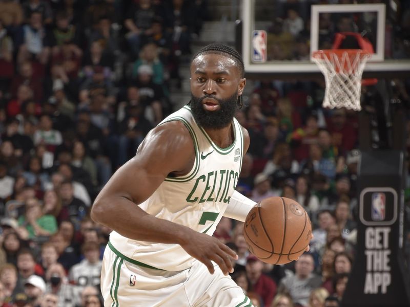 CLEVELAND, OH - MARCH 5: Jaylen Brown #7 of the Boston Celtics dribbles the ball during the game against the Cleveland Cavaliers on March 5, 2024 at Rocket Mortgage FieldHouse in Cleveland, Ohio. NOTE TO USER: User expressly acknowledges and agrees that, by downloading and/or using this Photograph, user is consenting to the terms and conditions of the Getty Images License Agreement. Mandatory Copyright Notice: Copyright 2024 NBAE (Photo by David Liam Kyle/NBAE via Getty Images)