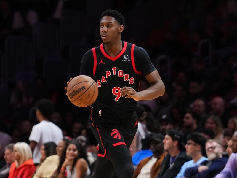 MIAMI, FLORIDA - DECEMBER 12: RJ Barrett #9 of the Toronto Raptors dribbles the ball up the court against the Miami Heat during the fourth quarter at Kaseya Center on December 12, 2024 in Miami, Florida. NOTE TO USER: User expressly acknowledges and agrees that, by downloading and or using this Photograph, user is consenting to the terms and conditions of the Getty Images License Agreement. (Photo by Rich Storry/Getty Images)