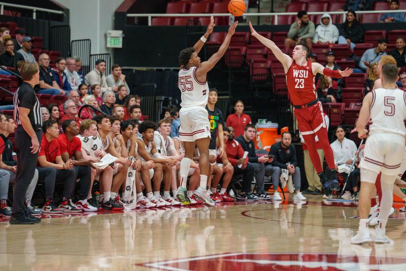 Feb 23, 2023; Stanford, California, USA;  Stanford Cardinal forward Harrison Ingram (55) shoots a three point basket against Washington State Cougars forward Andrej Jakimovski (23) during the second half at Maples Pavilion. Mandatory Credit: Neville E. Guard-USA TODAY Sports