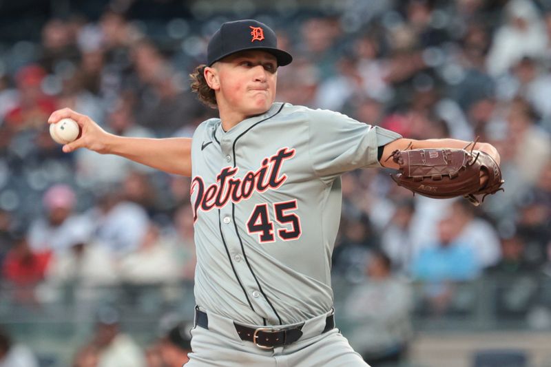 May 3, 2024; Bronx, New York, USA; Detroit Tigers starting pitcher Reese Olson (45) delivers a pitch during the first inning against the New York Yankees at Yankee Stadium. Mandatory Credit: Vincent Carchietta-USA TODAY Sports