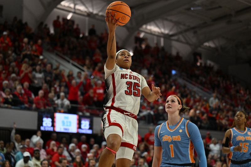 Mar 25, 2024; Raleigh, North Carolina, USA; NC State Wolfpack guard Zoe Brooks (35) scores on a fast break in the second round of the 2024 NCAA Women's Tournament at James T. Valvano Arena at William Neal Reynolds. Mandatory Credit: William Howard-USA TODAY Sports