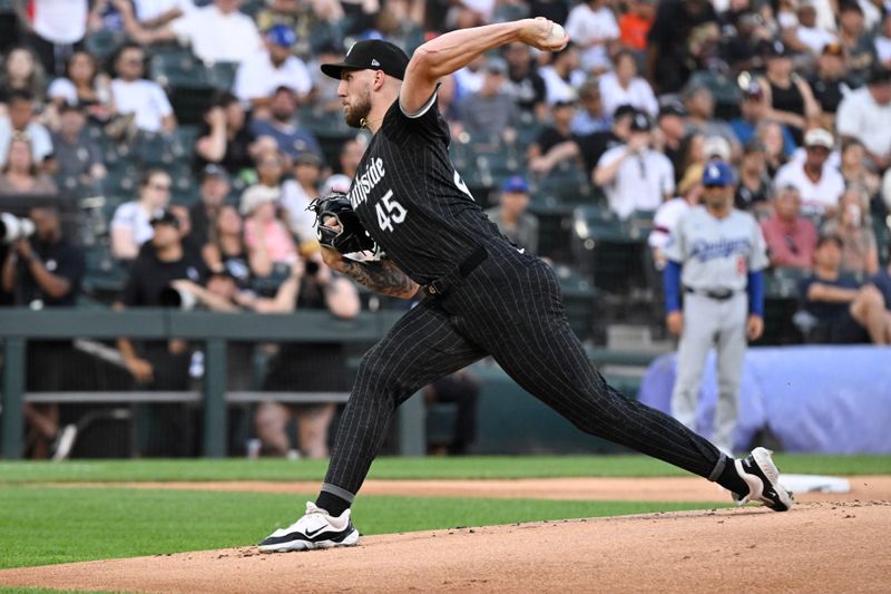 Jun 24, 2024; Chicago, Illinois, USA;  Chicago White Sox pitcher Garrett Crochet (45) delivers against the Los Angeles Dodgers during the first inning at Guaranteed Rate Field. Mandatory Credit: Matt Marton-USA TODAY Sports