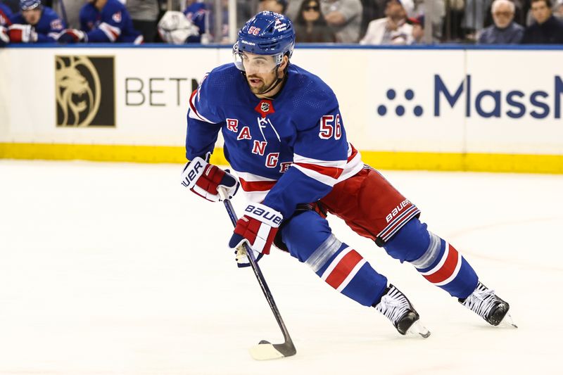 Apr 21, 2024; New York, New York, USA; New York Rangers defenseman Erik Gustafsson (56) controls the puck against the Washington Capitals in game one of the first round of the 2024 Stanley Cup Playoffs at Madison Square Garden. Mandatory Credit: Wendell Cruz-USA TODAY Sports