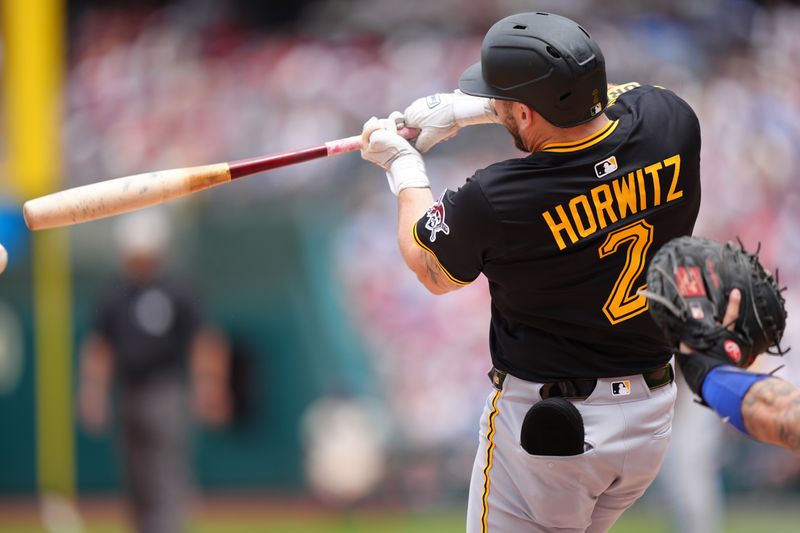 May 18, 2025; Philadelphia, Pennsylvania, USA; Pittsburgh Pirates infielder Spencer Horwitz (2) hits a ground ball against the Philadelphia Phillies in the third inning at Citizens Bank Park. Mandatory Credit: Kyle Ross-Imagn Images