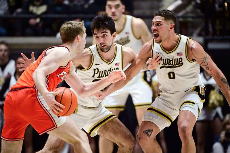 Jan 5, 2024; West Lafayette, Indiana, USA; Illinois Fighting Illini forward Marcus Domask (3) looks to get around both Purdue Boilermakers guard Ethan Morton, center, and forward Mason Gillis, right, during the second half at Mackey Arena. Mandatory Credit: Marc Lebryk-USA TODAY Sports